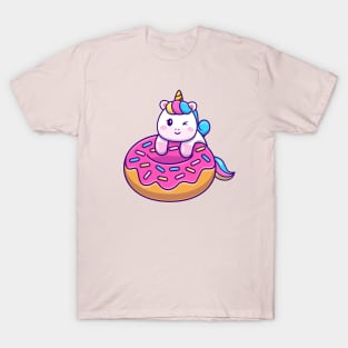 Cute Unicorn With Doughnut Cartoon (2) T-Shirt